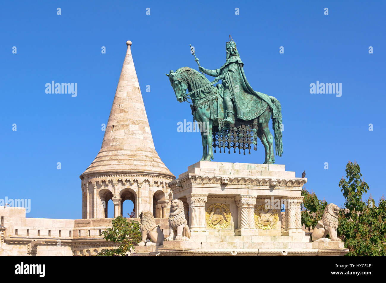 The bronze statue of St. Stephen on the Fisherman`s Bastion in Budapest, Hungary Stock Photo